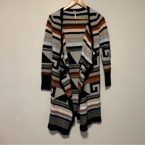 Free People Stripe Aztec Tribal Rolla Coasta Long Angora Wool Cardigan Sweater M - Picture 3 of 11